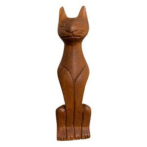 Vintage Carved Wood 6” Cat Sculpture Polynesian Tiki Sculpture Cat Totem